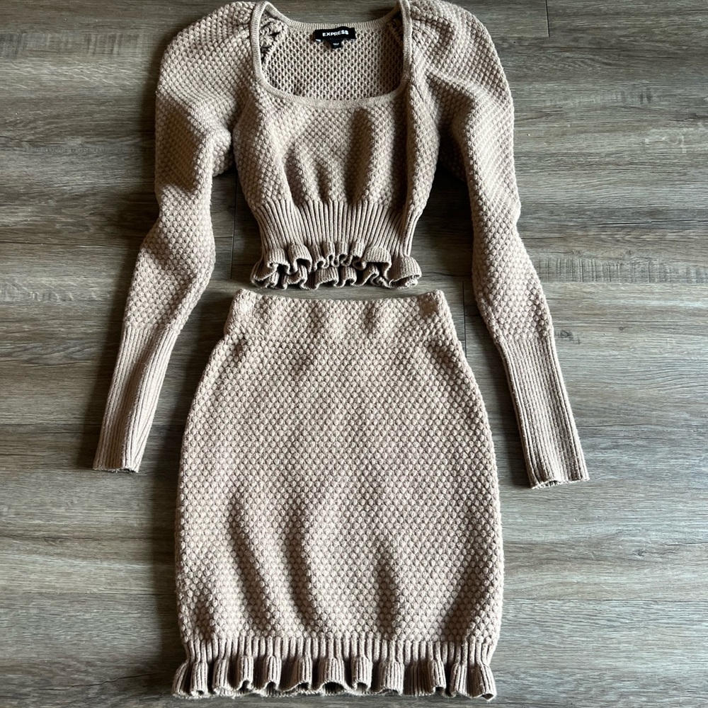 Express Tan Knit Two-Piece Set Top and Skirt - Picture 2 of 6